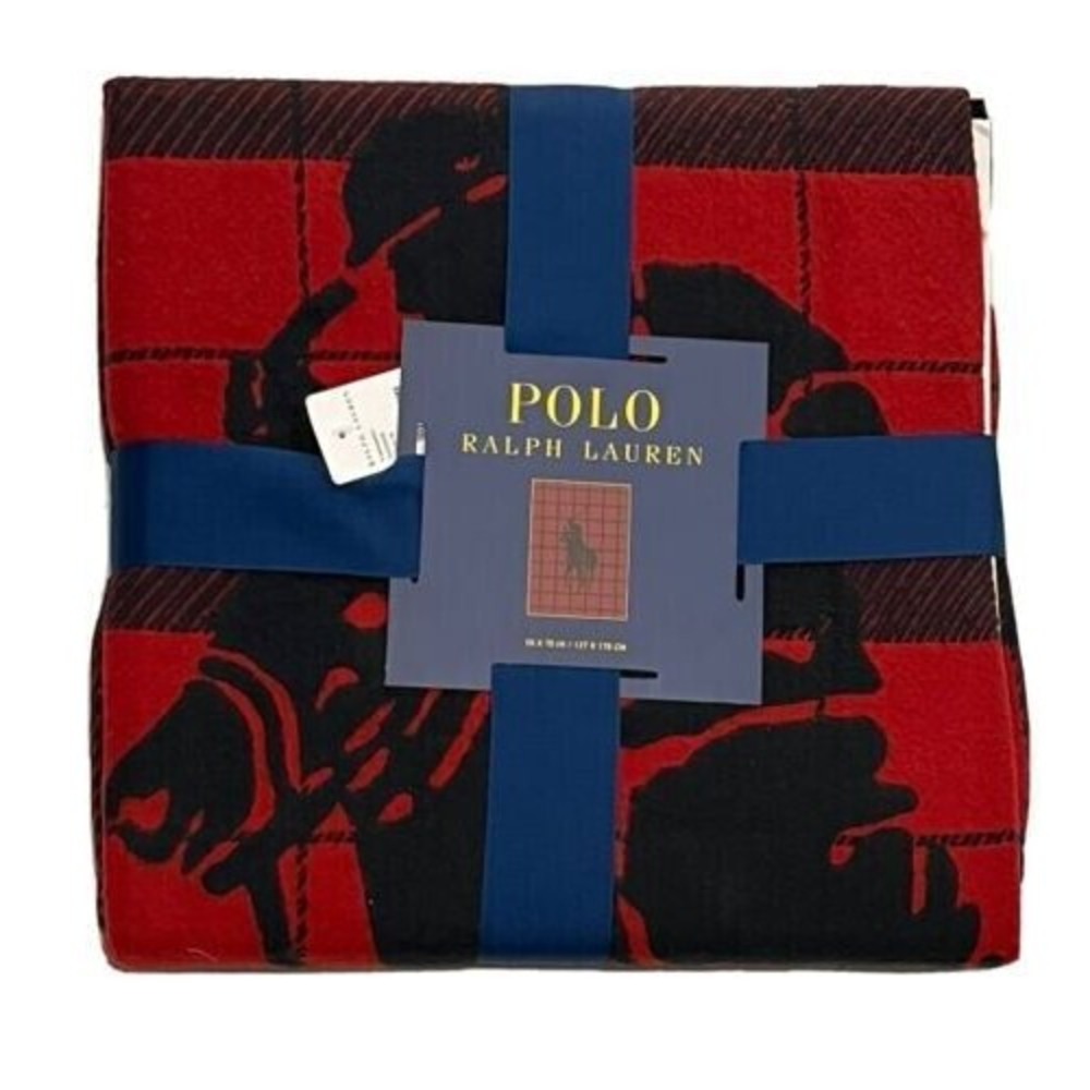 Polo Ralph Lauren Home Oakwood Cotton Throw Red Black Blanket‎ Big Pony 50 X 70
